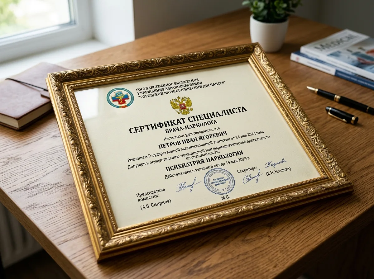 Сертификат специалиста врача-нарколога — официальный документ с логотипом медицинского учреждения, золотая рамка, подпись, нейтральный фон